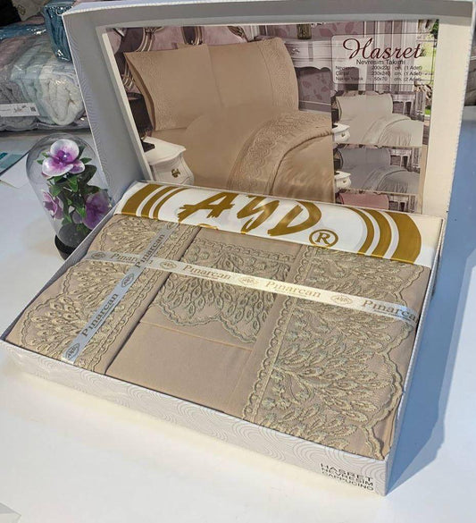 Hasret Parure de lit brodée beige 4 pcs (200x220)